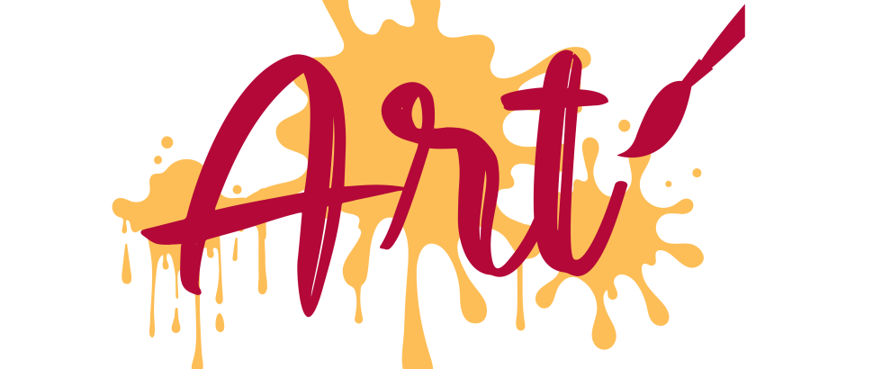 The word Art appears in red imposed on a golden paint splatter next to a red paintbrush.