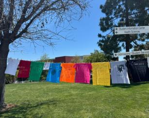Image of shirts featuring testimonials from sexual assault survivors hung from a clothesline as part of the Clothesline Project.