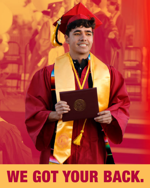 Female students walking in a group talking. Text: We got your back.