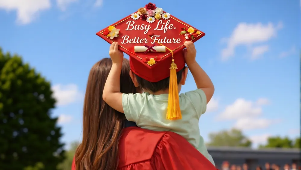 Back shor of a mother in a red graduation gown with son on her shoulder wearing a cap that reads "Busy Life, Better Future."