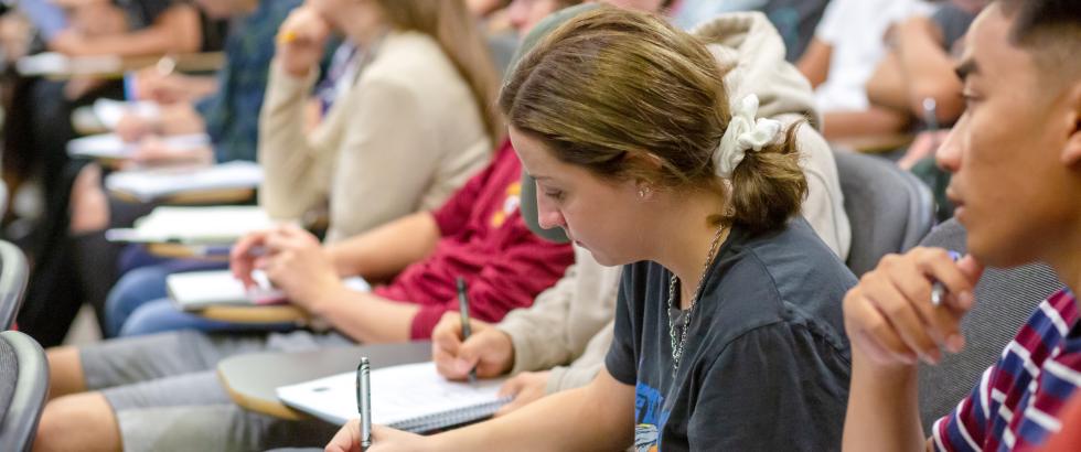 Student taking notes during a lecture
