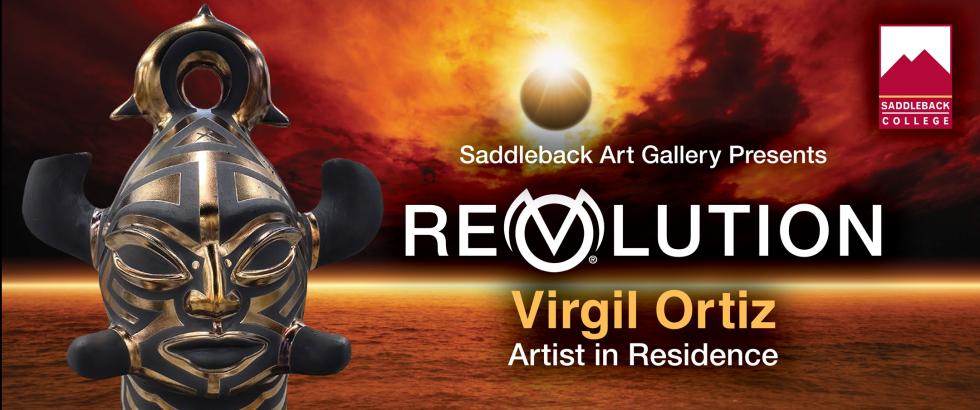 A black ceramic face, a unique piece of Native American (Pueblo) art by Virgil Ortiz, hovers above an other-worldly, black and orange sunset.
