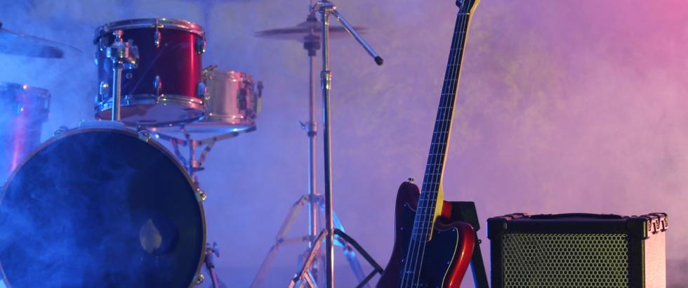 Stage with band instruments set for musicians.