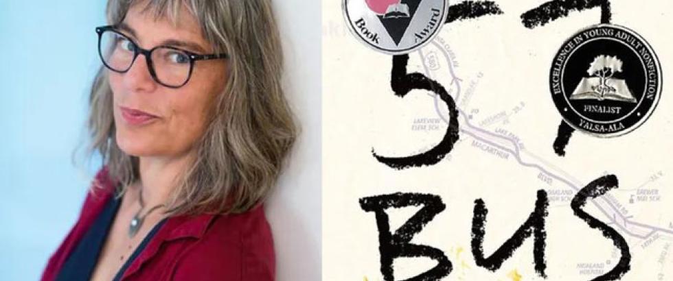 Image of author Dashka Slater on the left hand side and a cover of her book The 57 Bus on the right hand side
