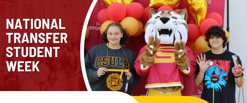 National Transfer Student Week alongside photo of students with mascot