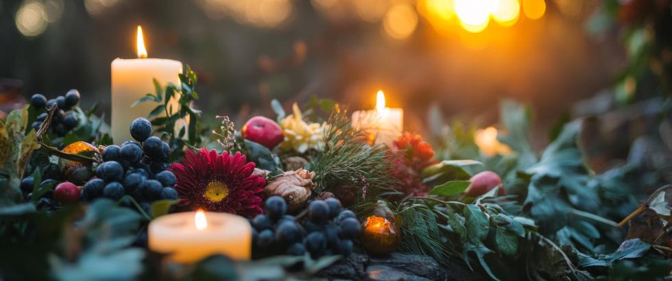 Celtic Samhain Festival celebration with candles and seasonal decorations at sunset