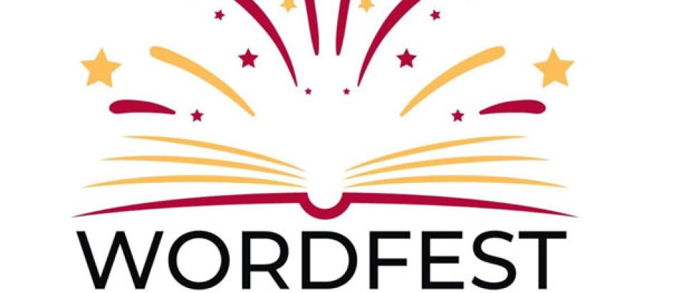 Wordfest OC graphic of book open and stars jumping off page