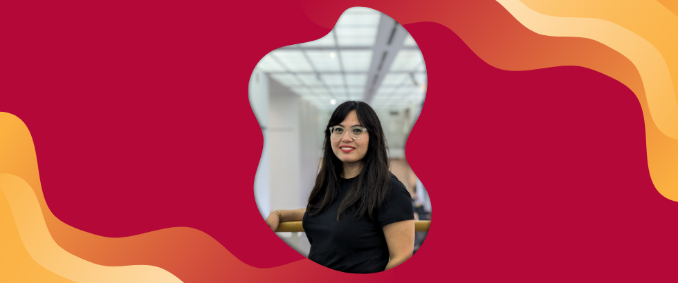 image of Dr Samantha de Vera in front of windows, over a red, yellow and orange background