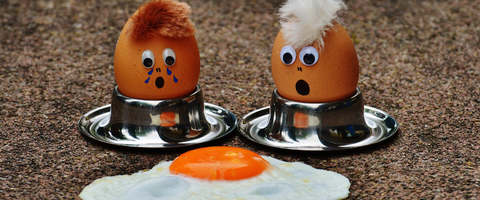 two eggs decorated with eyes and hair look at a fried egg