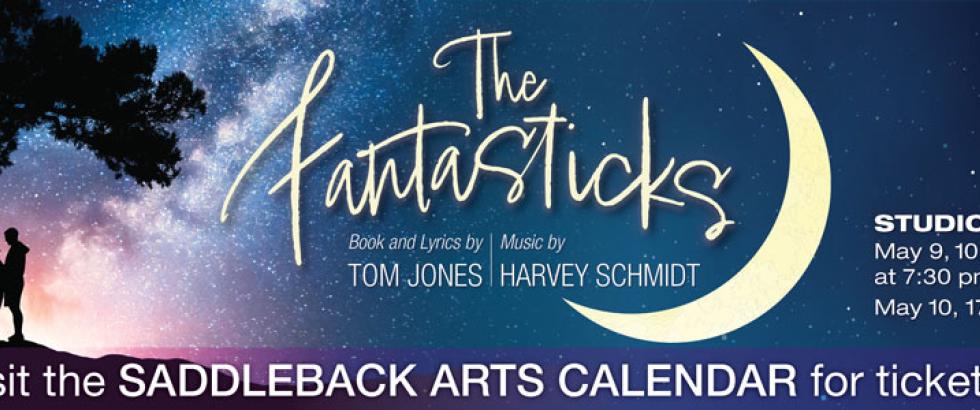 event artwork for Fantasticks featuring a night sky, large white crescent moon, tree with people underneath