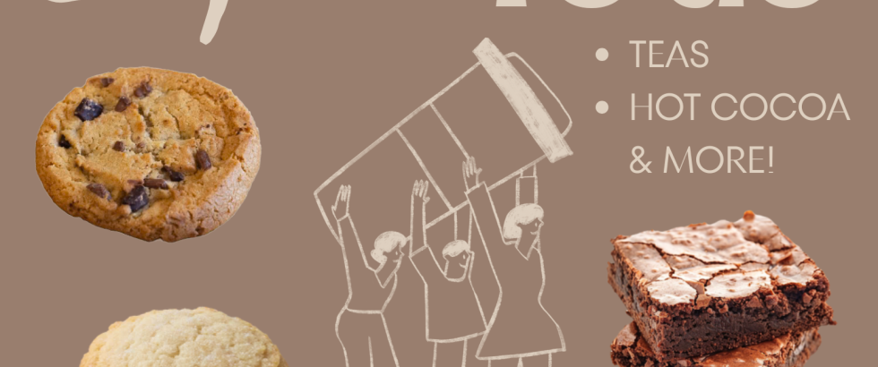 tan background with images of cookies and brownies. light outline of three people carrying huge coffee cup. text reads: Good luck on midterms. free coffee and pastries from corner bakery. coffee to go. teas, hot cocoa & more! Monday Oct. 13-15th. 8:30-11am. stop by the table at the saddleback main quad