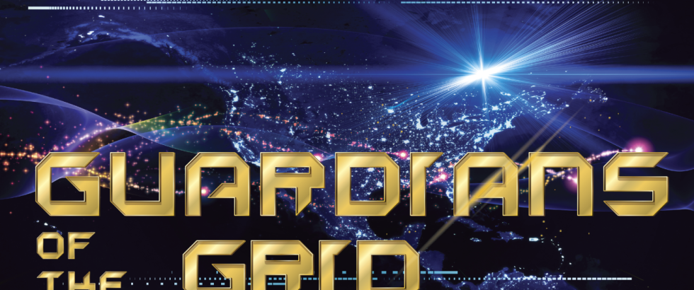 Futuristic graphic with the phrase “Guardians of the Grid” in bold gold lettering over an illuminated map of the United States at night, showing city lights connected by glowing digital lines and a bright burst of light symbolizing energy or technology.