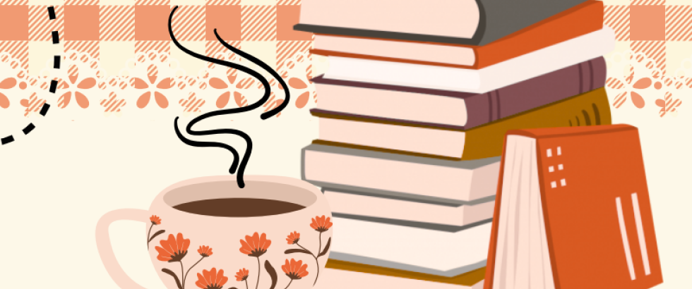 stack of books and a coffee cup mug