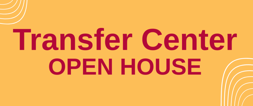 Transfer Center Open House in red on a yellow background with white swirl designs in the top left and bottom right corners