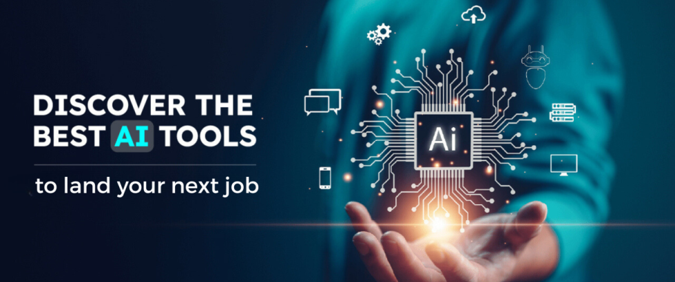 A person wearing a teal long-sleeve shirt holds one hand out, palm up, with a glowing digital graphic floating above it. The graphic shows a microchip labeled “AI” at the center with connected circuit lines and small icons for devices, clouds, and robots around it. On the left side, white text reads: “DISCOVER THE BEST AI TOOLS,” with “AI” highlighted in turquoise, and below that, smaller text reads: “to land your next job.”