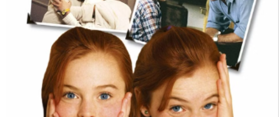 A collage shows two young girls who appear to be the same child, side by side in the foreground, smiling with their hands on their cheeks. Behind them are smaller photos of the child hugging an adult woman and talking with an adult man indoors.