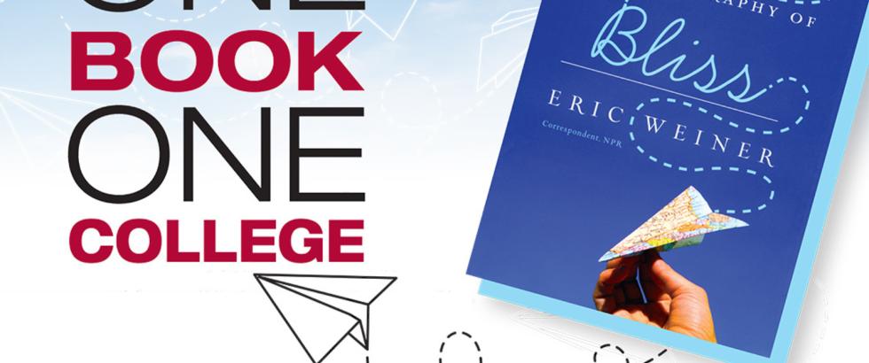 Text reads one book one college. Next to it is a picture of a book cover featuring the title, The geography of bliss, and a hand holding a paper airplane.