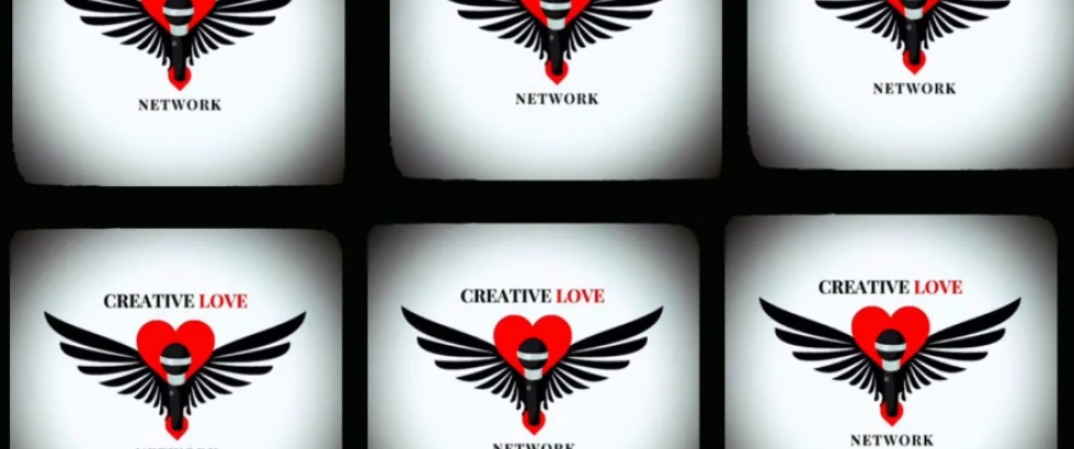 A 2-by-3 grid displays the same logo six times. Each logo shows the words “CREATIVE LOVE” at the top and “NETWORK” at the bottom. In the center, a microphone is positioned in front of a heart with outstretched wings extending horizontally on both sides. The design appears on a light background with dark rounded borders around each repeated frame.
