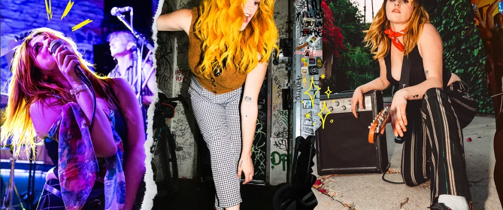 Three-photo collage of a young musician. Left: she sings into a microphone onstage during a live performance. Center: she leans forward in a graffiti-covered backstage space. Right: she sits beside a guitar amplifier outdoors, holding a guitar and looking at the camera.