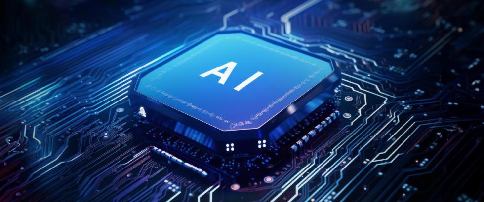 Close-up illustration of a computer chip labeled “AI” mounted on a circuit board, with intricate electronic pathways surrounding it, representing artificial intelligence technology and computing hardware.