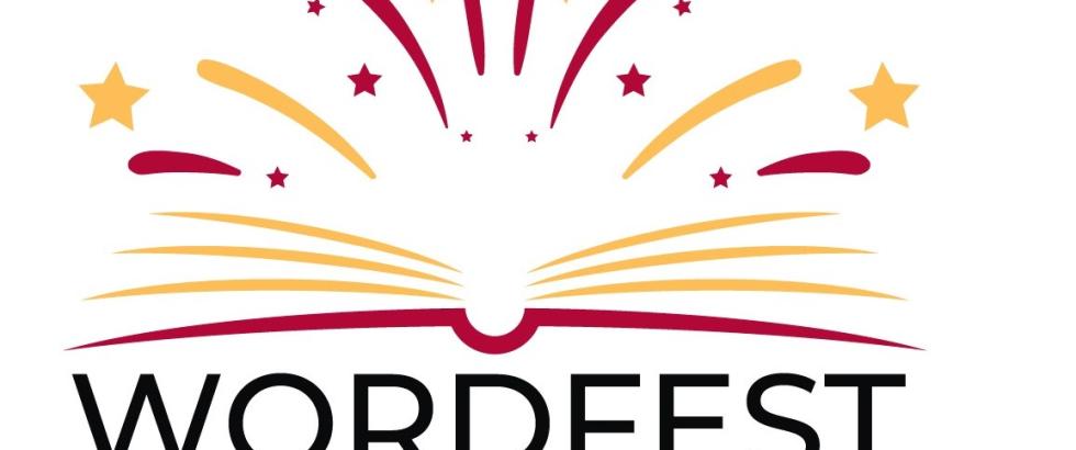 A logo featuring an open book with stylized pages in gold and red, with red and gold stars and firework shapes above it. Below the image, the text reads “WORDFEST OC.”