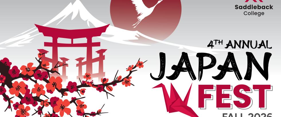 Graphic for Japan Fest. Features a branch with cherry blossoms, an illustration of mount fiju, a crane flying in front of a red sky, and a paper crane next to the words: 4th annual Japan Fest. Fall 2026.