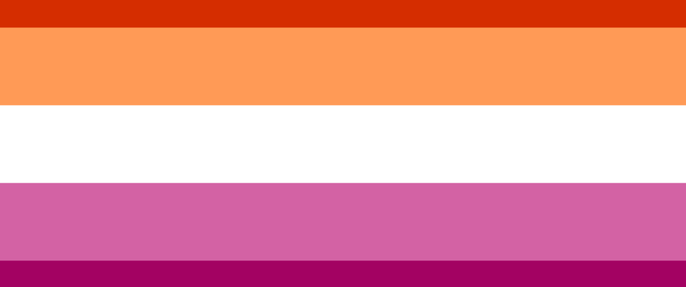 Five-stripe pride flag with horizontal bands of dark orange, light orange, white, pink, and dark magenta, representing the lesbian pride flag.