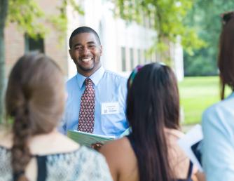 Tour guide providing a campus tour