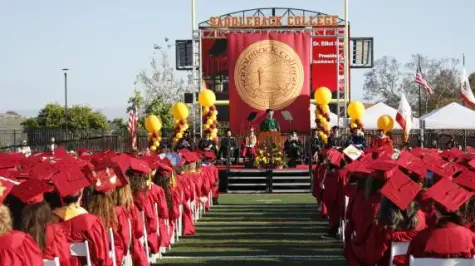 Graduates in caps and gowns sit in rows facing a stage at an outdoor ceremony. A large banner reads “Saddleback College” and “Commencement,” with a seal displayed at center. Balloons flank the stage, and speakers and faculty sit behind a podium