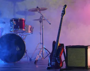 Stage with band instruments set for musicians.