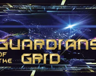 Futuristic graphic with the phrase “Guardians of the Grid” in bold gold lettering over an illuminated map of the United States at night, showing city lights connected by glowing digital lines and a bright burst of light symbolizing energy or technology.
