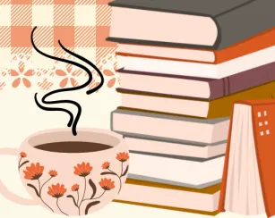 stack of books and a coffee cup mug