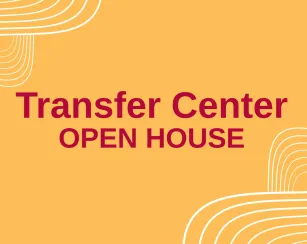 Transfer Center Open House in red on a yellow background with white swirl designs in the top left and bottom right corners