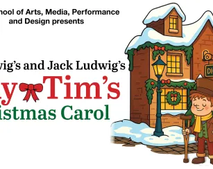 A promotional graphic for Saddleback College’s School of Arts, Media, Performance, and Design shows an illustrated winter street with snow-covered rooftops, wreaths, and a sign reading “DICKENS.” In the foreground, a cartoon boy resembling Tiny Tim stands smiling with a crutch, wearing a top hat, scarf, and coat. At the top left is the Saddleback College logo. Centered text reads: “The School of Arts, Media, Performance and Design presents Ken Ludwig’s and Jack Ludwig’s Tiny Tim’s Christmas Carol,”