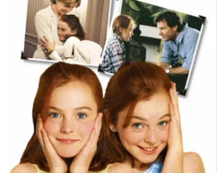 A collage shows two young girls who appear to be the same child, side by side in the foreground, smiling with their hands on their cheeks. Behind them are smaller photos of the child hugging an adult woman and talking with an adult man indoors.