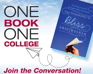 Text reads one book one college. Next to it is a picture of a book cover featuring the title, The geography of bliss, and a hand holding a paper airplane.