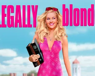 A movie poster shows a smiling woman with long blonde hair wearing a bright pink sleeveless dress and sunglasses on her head, holding law books. Large pink text reads “LEGALLY blonde” against a blue sky background with a campus-style building behind her.