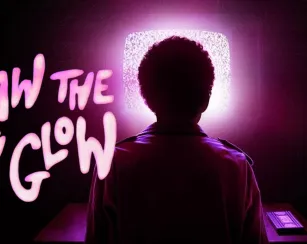 A silhouetted person stands facing a bright, static-filled television screen in a dark room. Neon-style text on the left reads, “I SAW THE TV GLOW.” A small device rests on a table beneath the glowing screen.