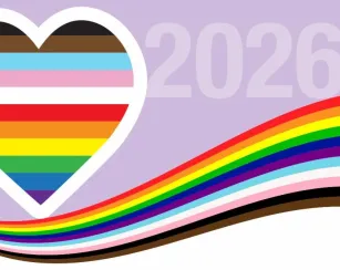 A graphic with a lavender background shows a heart filled with horizontal stripes representing multiple Pride flags. A rainbow wave flows across the bottom of the image. The text “2026” appears faintly in the background, and the Saddleback College logo is in the top right corner.