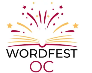 A logo featuring an open book with stylized pages in gold and red, with red and gold stars and firework shapes above it. Below the image, the text reads “WORDFEST OC.”