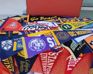 A table displaying a variety of college and university pennants.