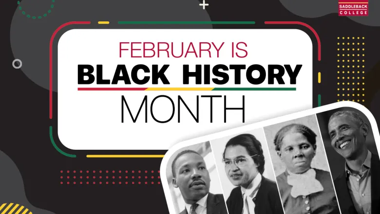 Graphic reads February is Black History Month and includes the images of Black historical figures such as Martin Luther King Jr, Rosa Parks, Harriet Tubman, and Barack Obama.