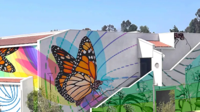 Rendering of a colorful butterfly mural planned for the BGS building. The design features large monarch butterflies in flight against rainbow and gradient backgrounds, with floral and nature motifs along the lower walls. The mural spans multiple sides of the building and will be painted in the coming weeks.