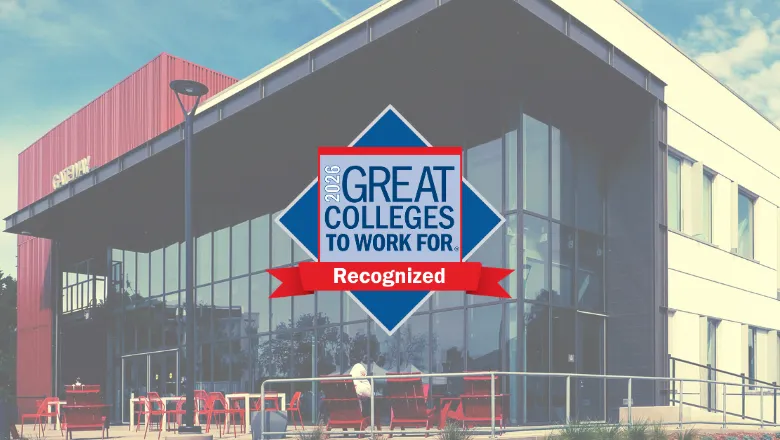 In the background of the image is a picture of the Gateway building at Saddleback College. Over it is a logo that reads, Great Colleges to Work For. Recognition.