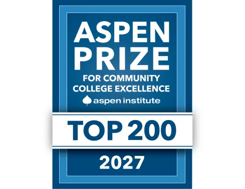 Graphic reads Aspen Prize for Community College Excellence. Aspen Institute. Top 200. 2027