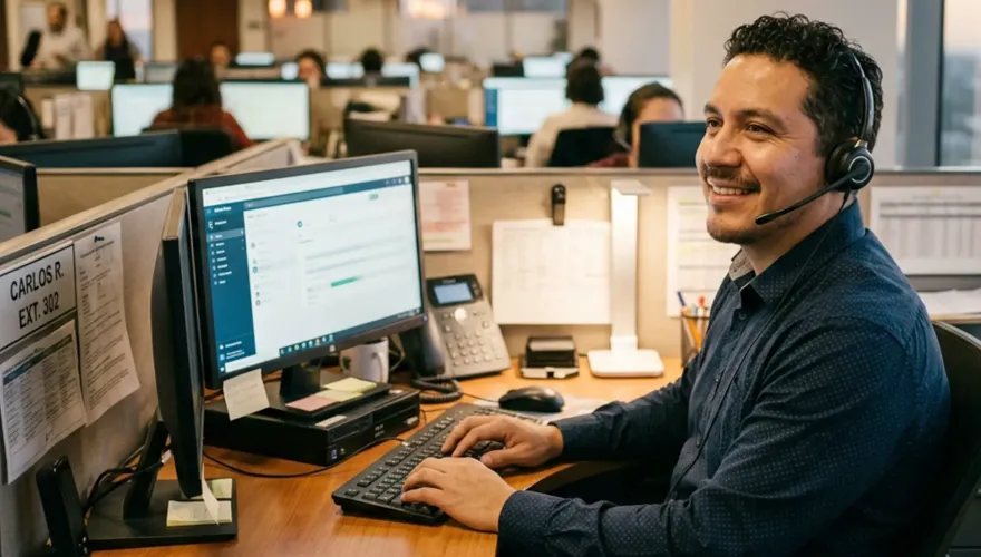 Man at computer with headset on.