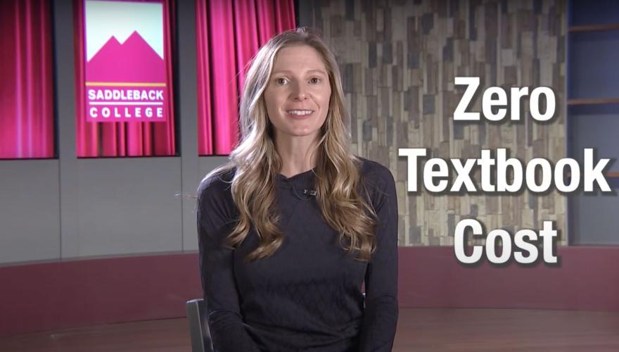 Woman sitting in a chair introducing Zero Textbook Cost classes.