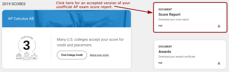 AP Score Report screen cap showing where to download the AP exam score report PDF.