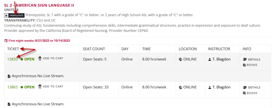 Screenshot showing a Class Schedule course page and how to identify a course by ticket number.